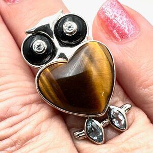 Sterling Silver Womens Ring Tigers Eye Blue Topaz Owl Design Size 6